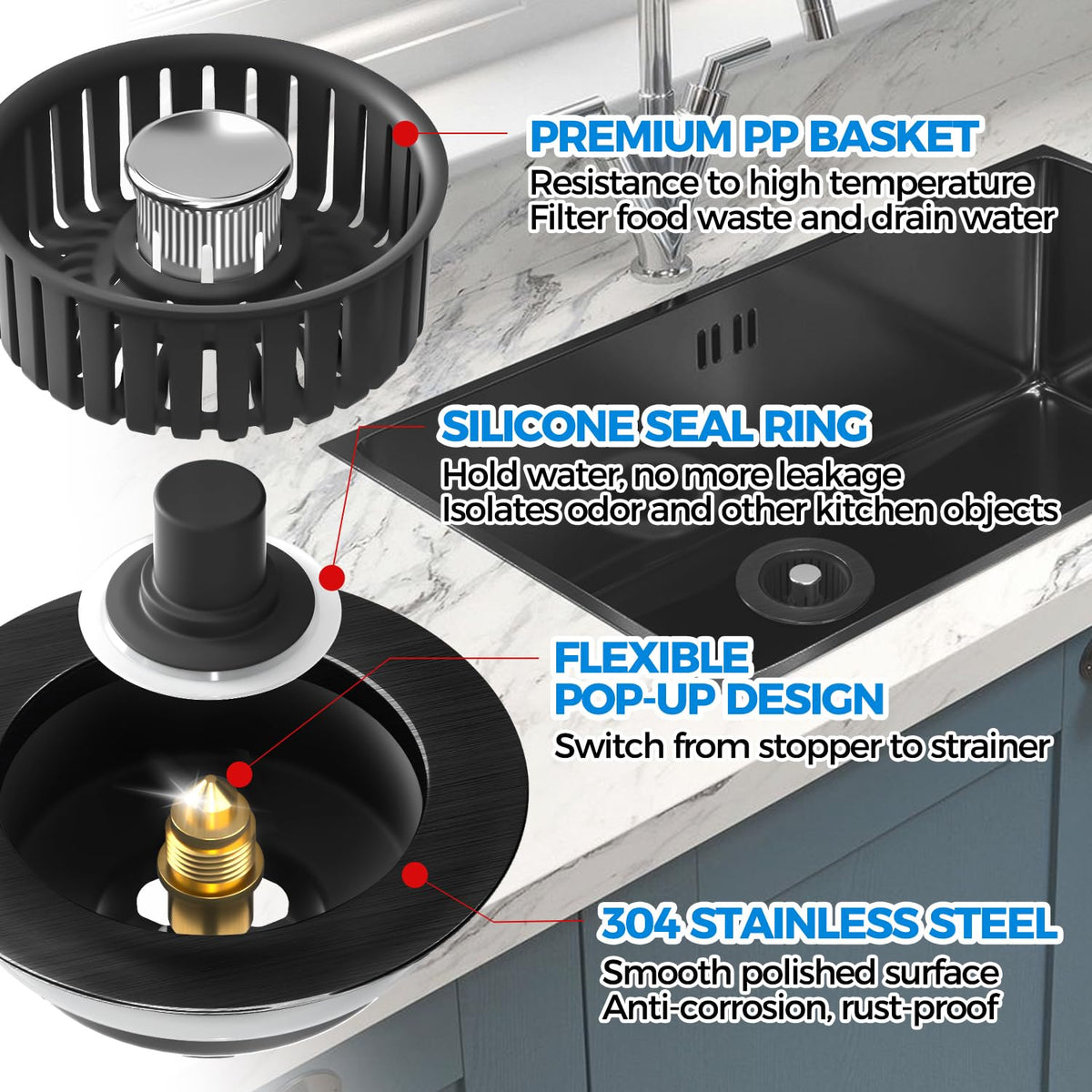 zaa 3 in 1 Kitchen Sink Drain Strainer Stopper Removable Basket Pop-Up