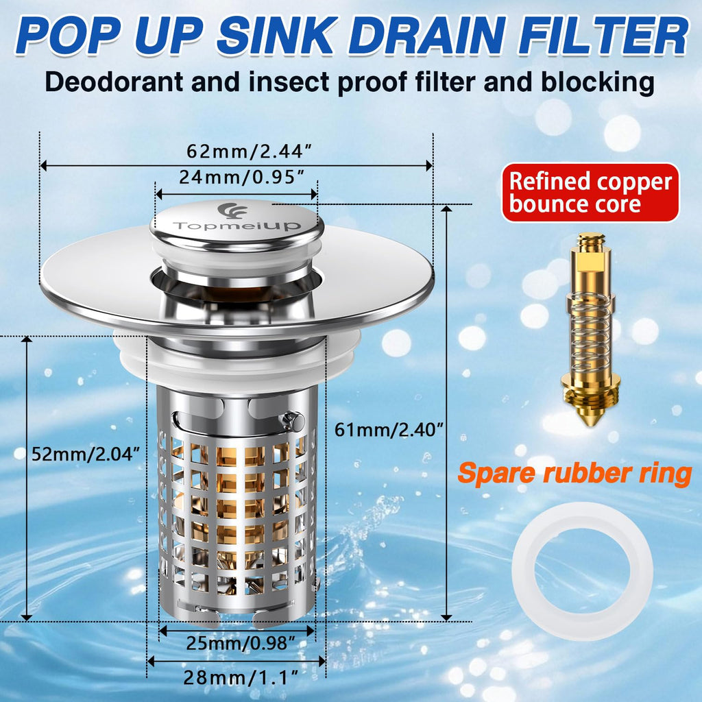 Bathroom Sink Drain Strainer,(2PCS) Pop-up Sink Drain Strainer with Removable Stainless Steel Strainer Basket Hair Catcher, Bathroom Sink Strainer for Bathroom Sink Stopper Replacement