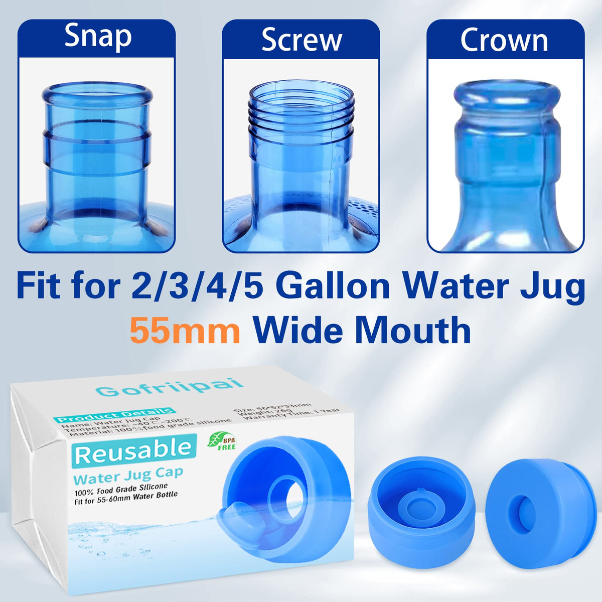 Gofriipai 3 and 5 Gallon Water Jug Cap, Reusable Silicone Bottle Lid Covers