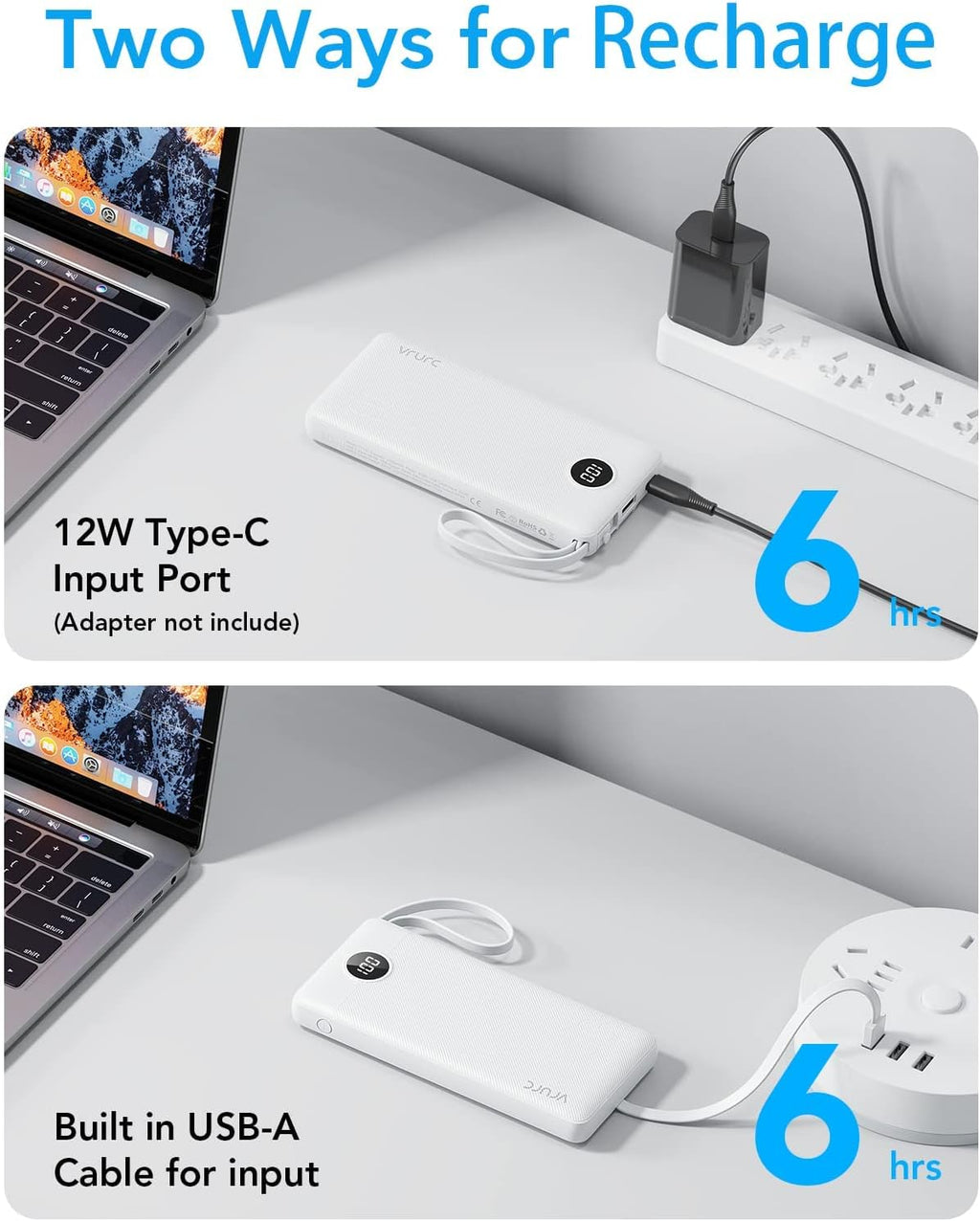 VRURC Portable Charger, Slim Power Bank Built-in 4 Cables, Travel Essential