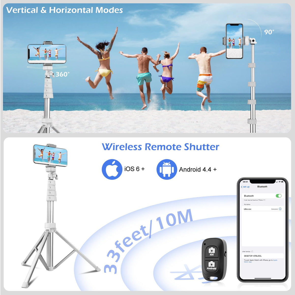 SENSYNE 62" Phone Tripod, Extendable Selfie Stick with Wireless Remote