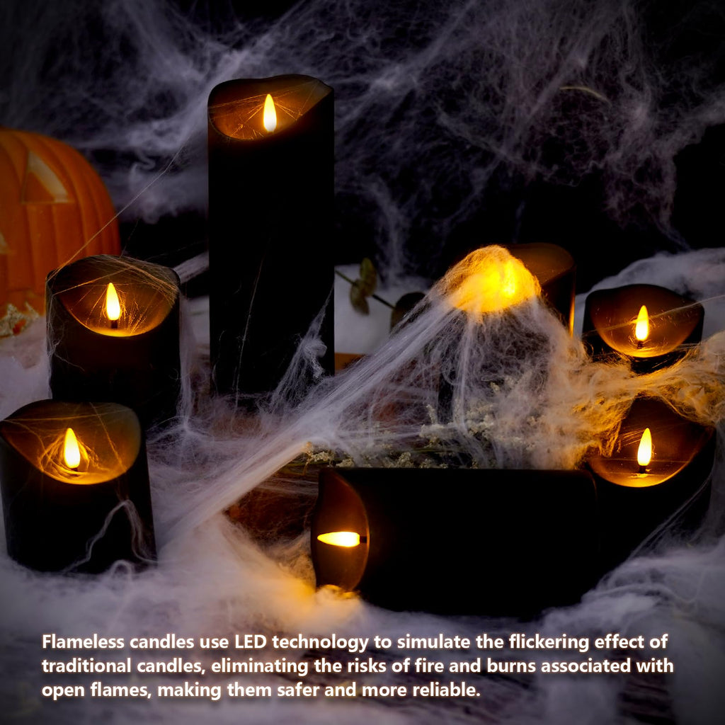 Nimiko Flameless Candles with Remote, Battery Operated Flickering Flameless Candles, LED Candles with Timer 2/4/6/8H, Realistic Drop Wax flameless Candle Set of 9 (D3 x H 3" 4" 5" 6" 7") (Black)