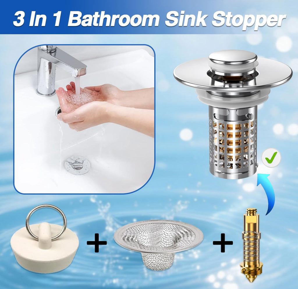 Bathroom Sink Drain Strainer,(2PCS) Pop-up Sink Drain Strainer with Removable Stainless Steel Strainer Basket Hair Catcher, Bathroom Sink Strainer for Bathroom Sink Stopper Replacement