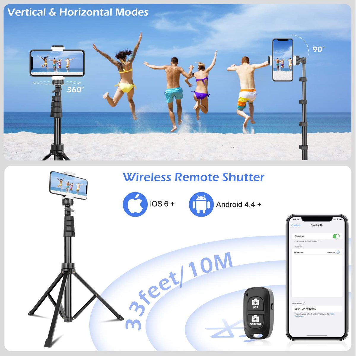 SENSYNE 62" Phone Tripod, Extendable Selfie Stick with Wireless Remote