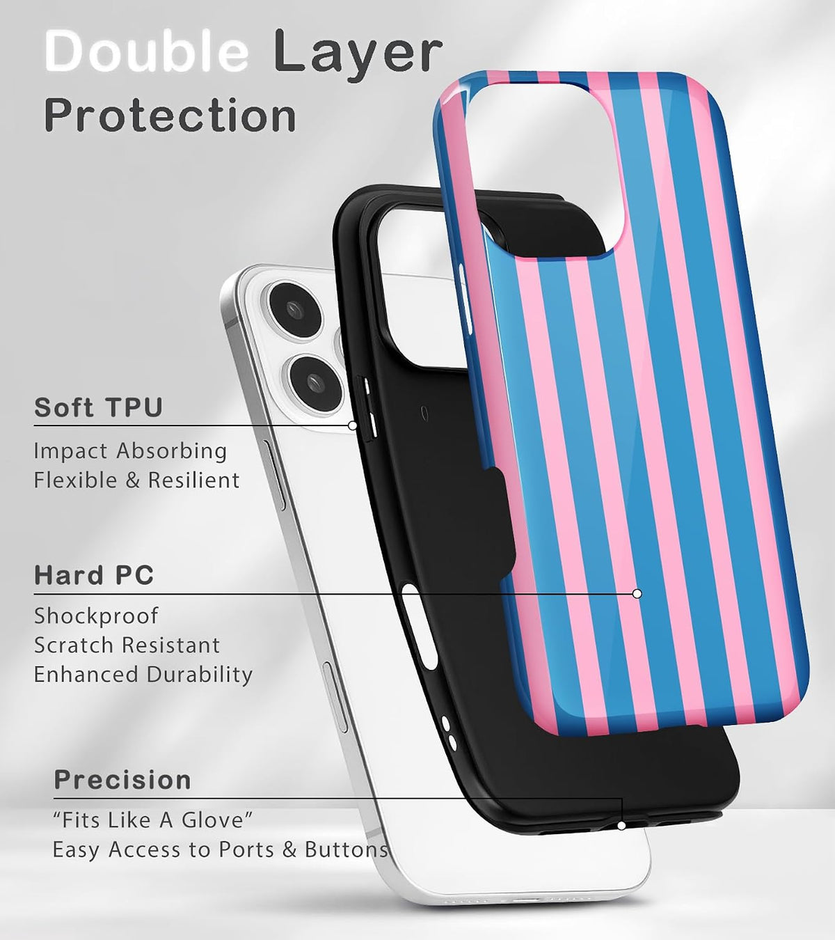 for iPhone 16 Pro Max Cute Striped Phone Case, Blue&Pink