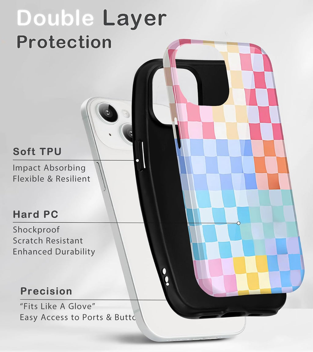 for iPhone 15 Cute Checkered Phone Case, Colorful