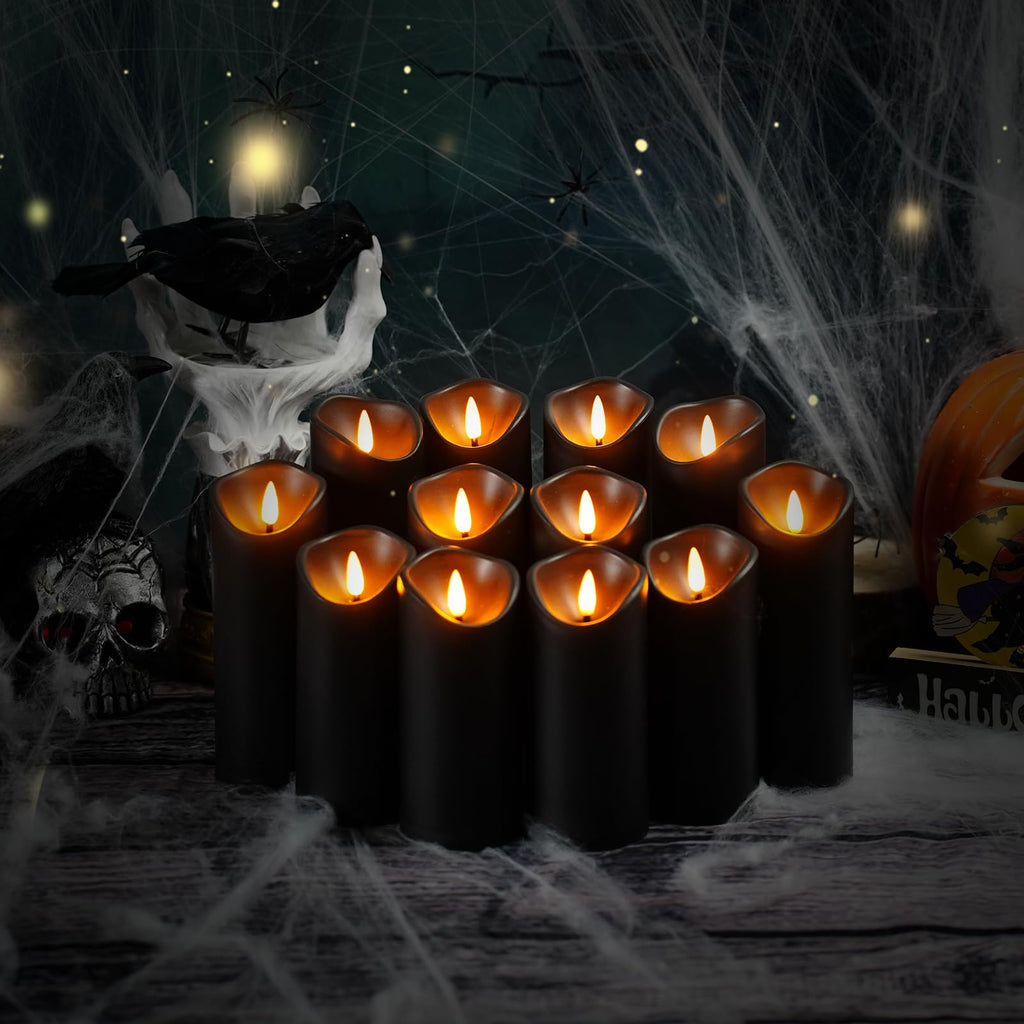 Nimiko Flameless Candles with Remote, Battery Operated Flickering Flameless Candles, LED Candles with Timer 2/4/6/8H, Realistic Drop Wax flameless Candle Set of 9 (D3 x H 3" 4" 5" 6" 7") (Black)