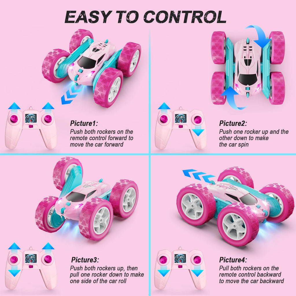 QUNREDA Remote Control Car, RC Cars Toys for Kids Ages 6-12, 4WD Stunt Car with LED Lights & 360° Flips, 2.4GHz, Upgraded USB-C Modular Batteries, 8-10 Year Old Boys Birthday Gift 1-Blue