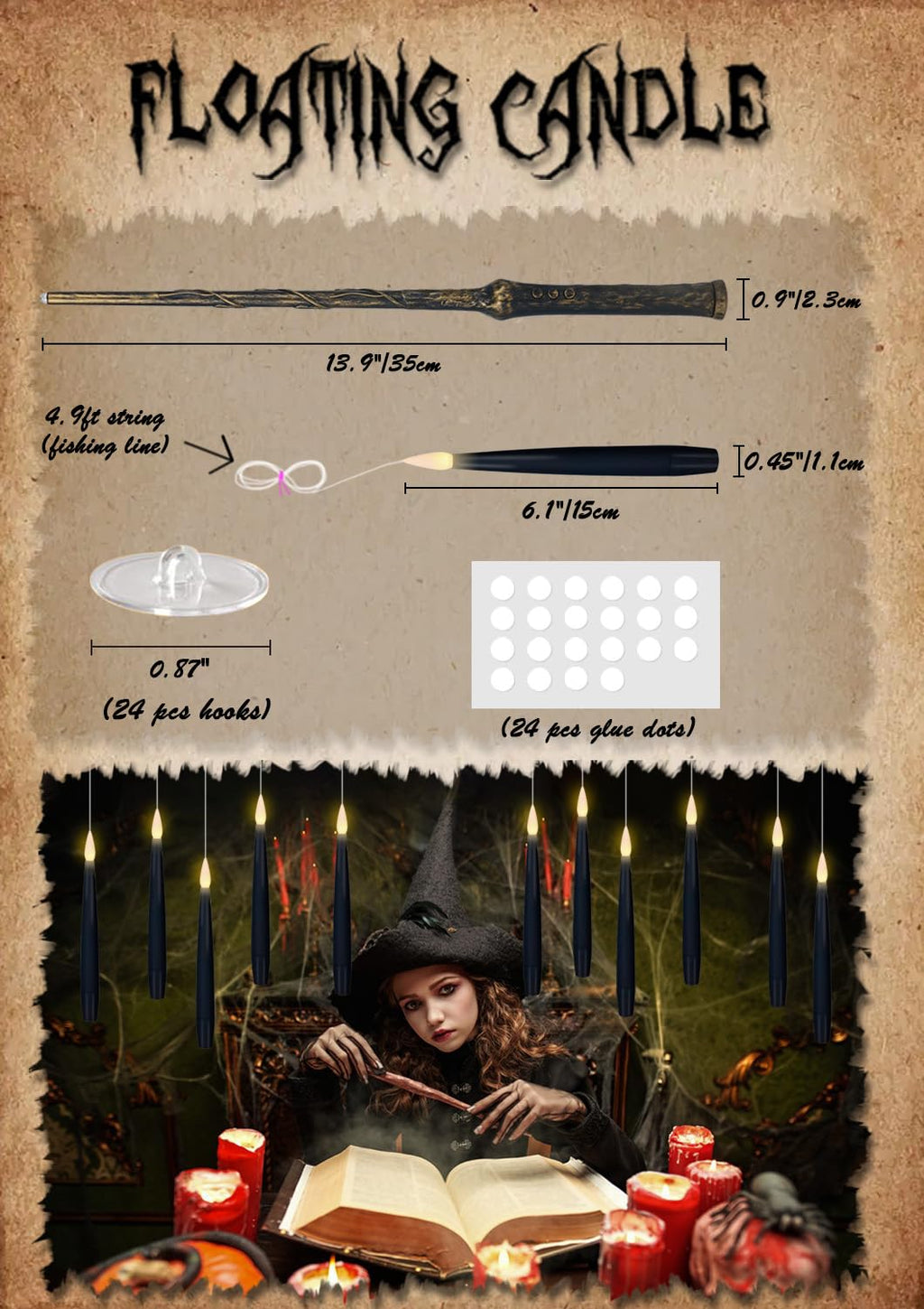 GenSwin 10.8" Flameless Floating Candles Wand Halloween Decorations