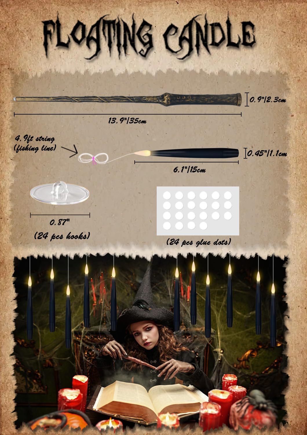 GenSwin 10.8" Flameless Floating Candles Wand Halloween Decorations