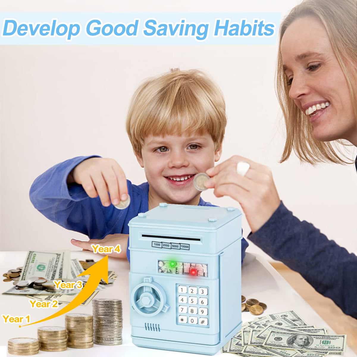 Refasy Piggy Bank Cash Coin Can ATM Bank Electronic Coin Money Bank for Kids Age 3-12, Money Savings Box Mini ATM Coin Bank Toys Gifts for 3 4 5 6 7 8 9 10 11 12 Year Old Boys Girls
