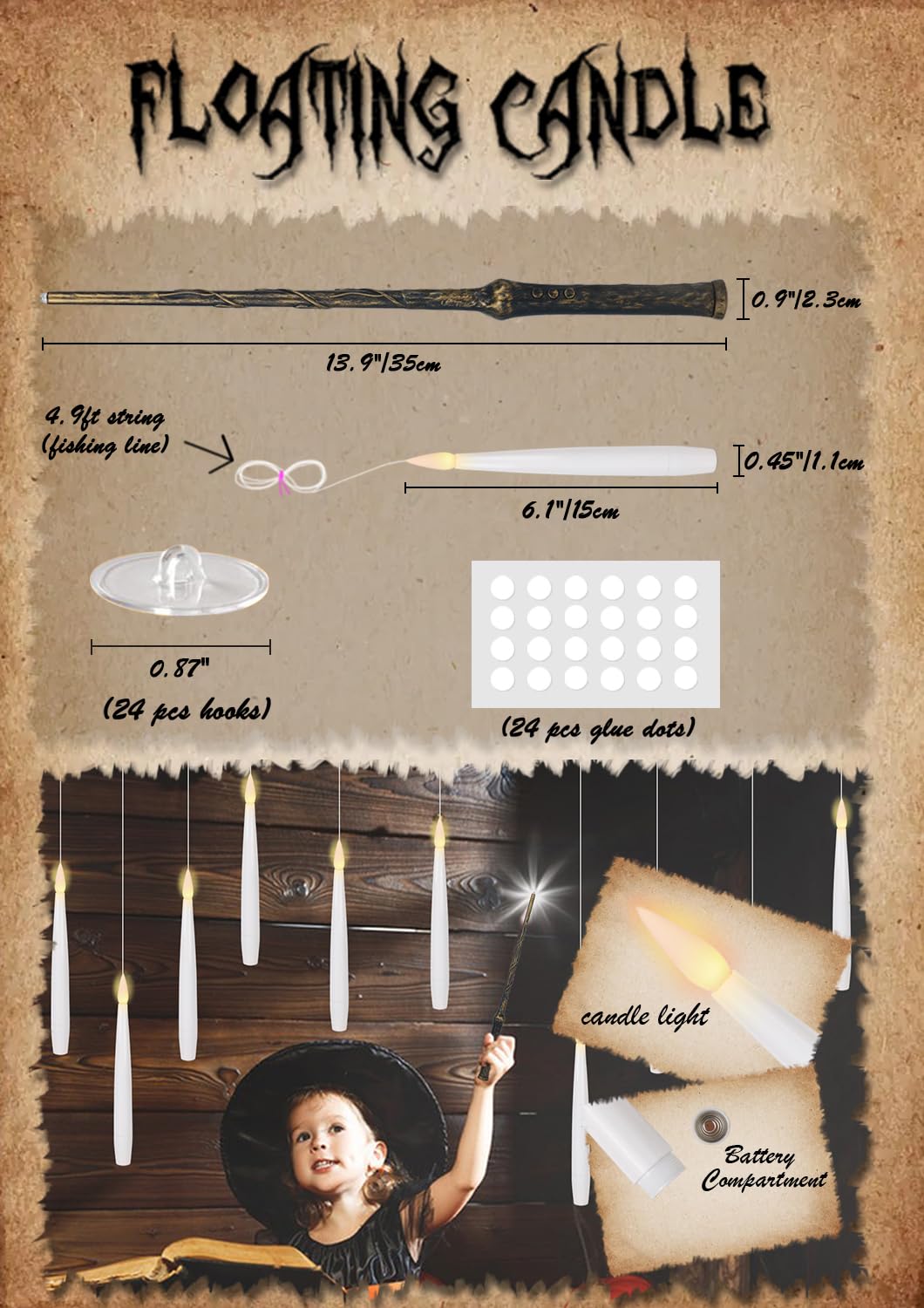 GenSwin 10.8" Flameless Floating Candles Wand Halloween Decorations
