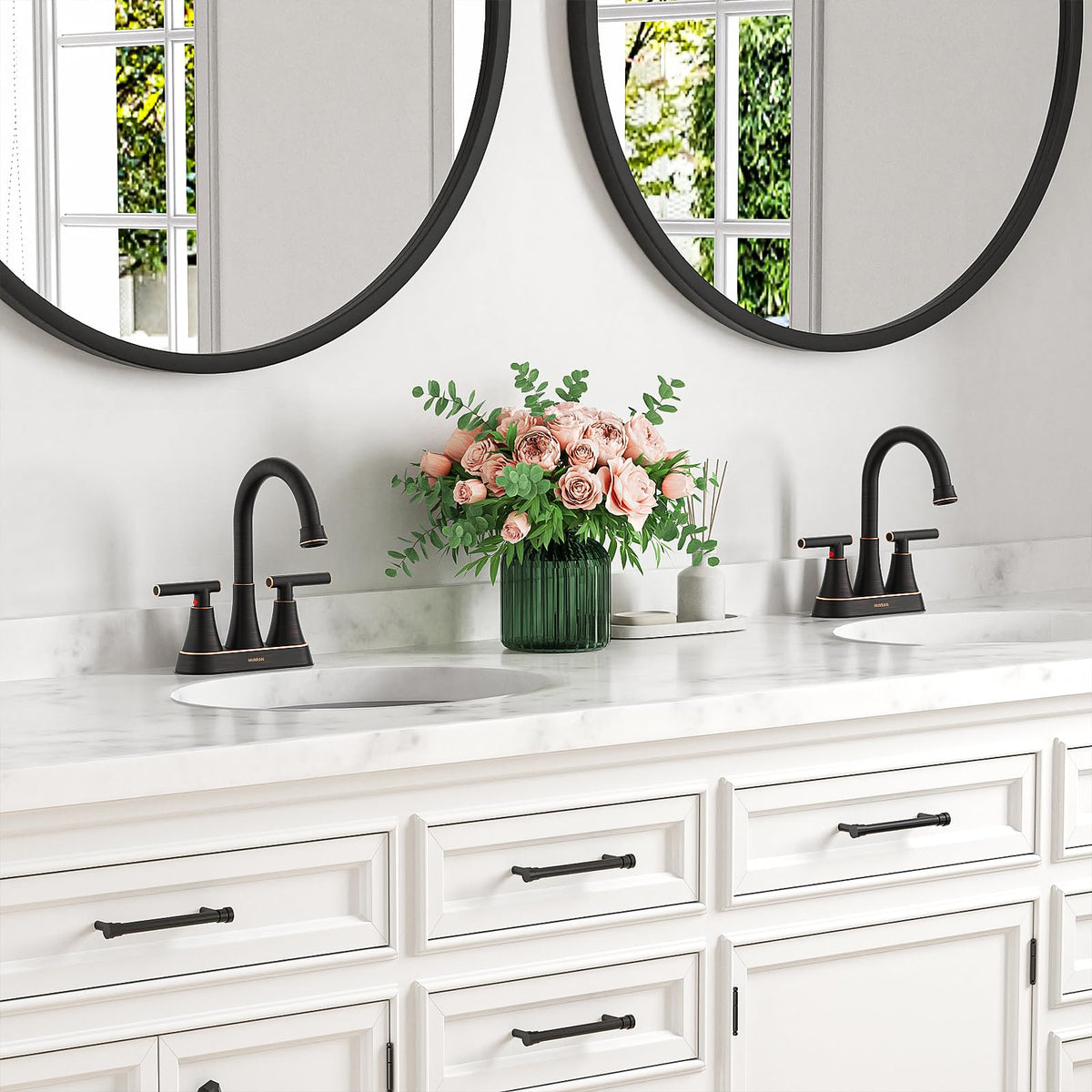 Matte Black Bathroom Faucet, Hurran 4 inch Centerset 2-Handle Lead-Free