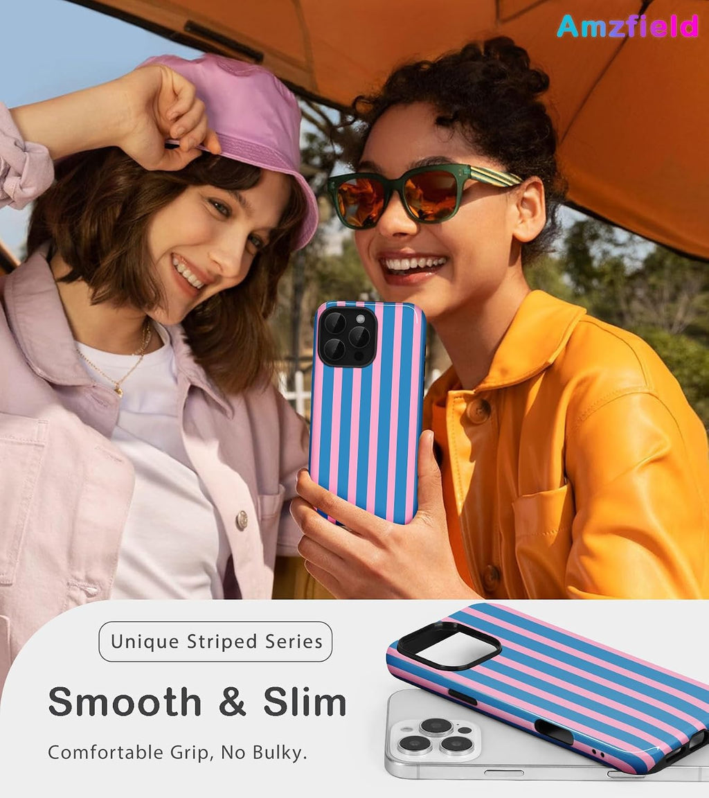for iPhone 16 Pro Max Cute Striped Phone Case, Blue&Pink