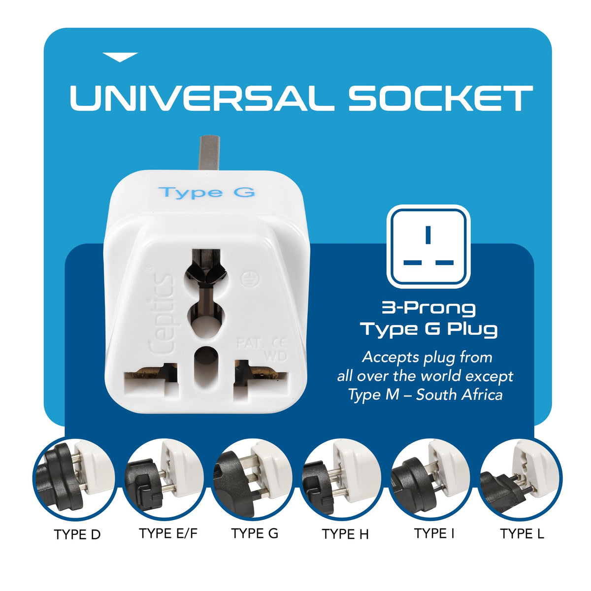 Ceptics 2 in 1 UK Adapters for Travel, Dual USA Input, Grounded, Pack of 3