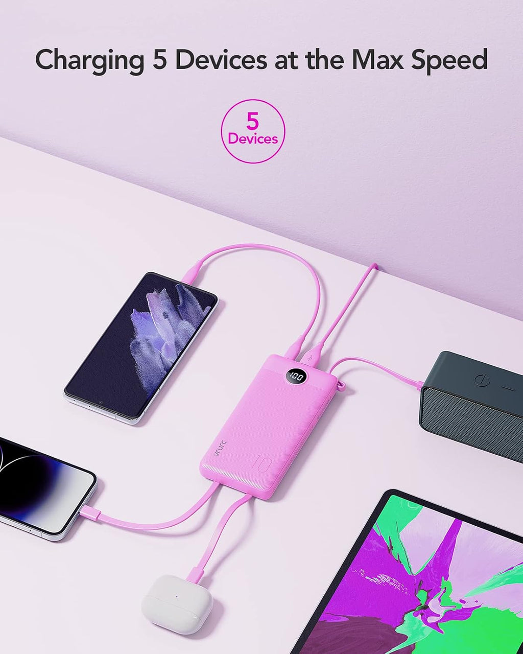 VRURC Portable Charger, Slim Power Bank Built-in 4 Cables, Travel Essential