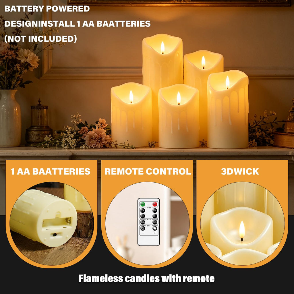 Nimiko Flameless Candles with Remote, Battery Operated Flickering Flameless Candles, LED Candles with Timer 2/4/6/8H, Realistic Drop Wax flameless Candle Set of 9 (D3 x H 3" 4" 5" 6" 7") (Black)