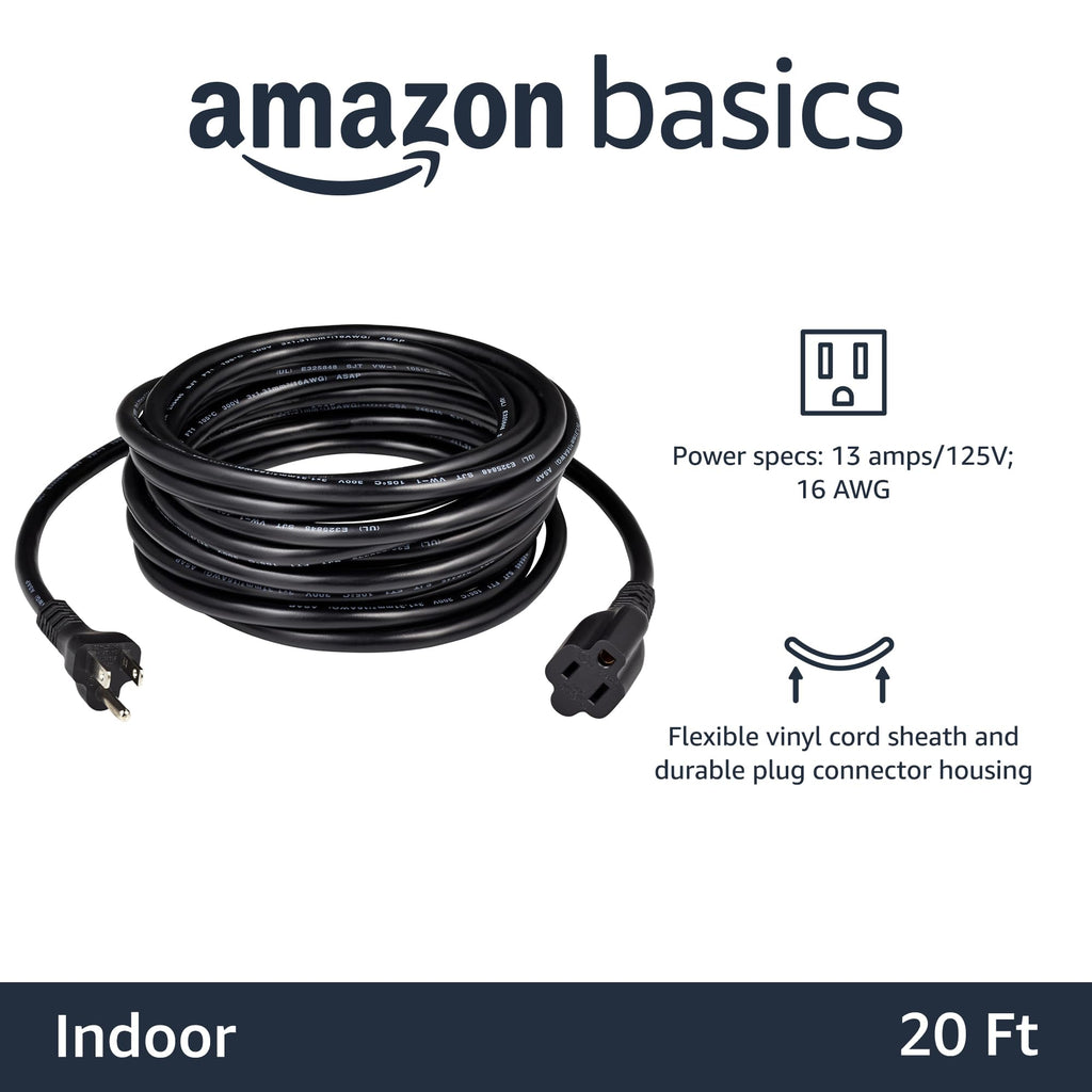 Amazon Basics Extension Cord, 3 Prong Outlet Extender, Indoor Power Cord, 13 Amps, 125V, 6 Ft, Black