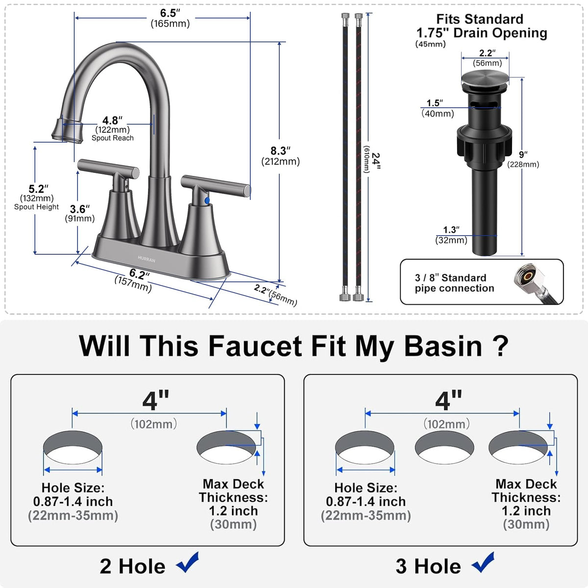 Matte Black Bathroom Faucet, Hurran 4 inch Centerset 2-Handle Lead-Free