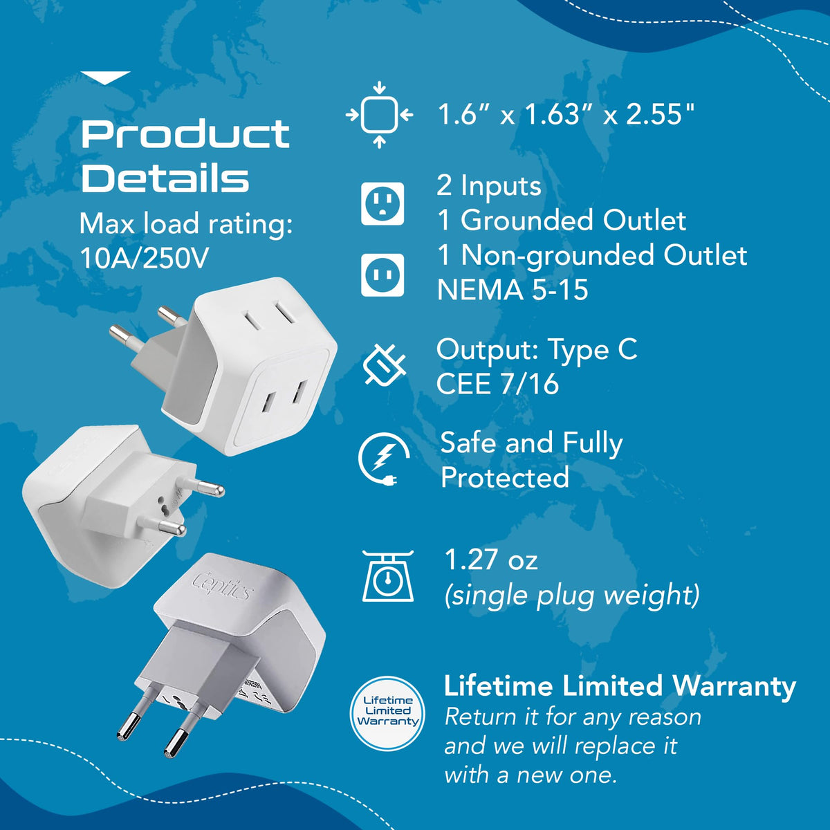 Ceptics 2 in 1 UK Adapters for Travel, Dual USA Input, Grounded, Pack of 3