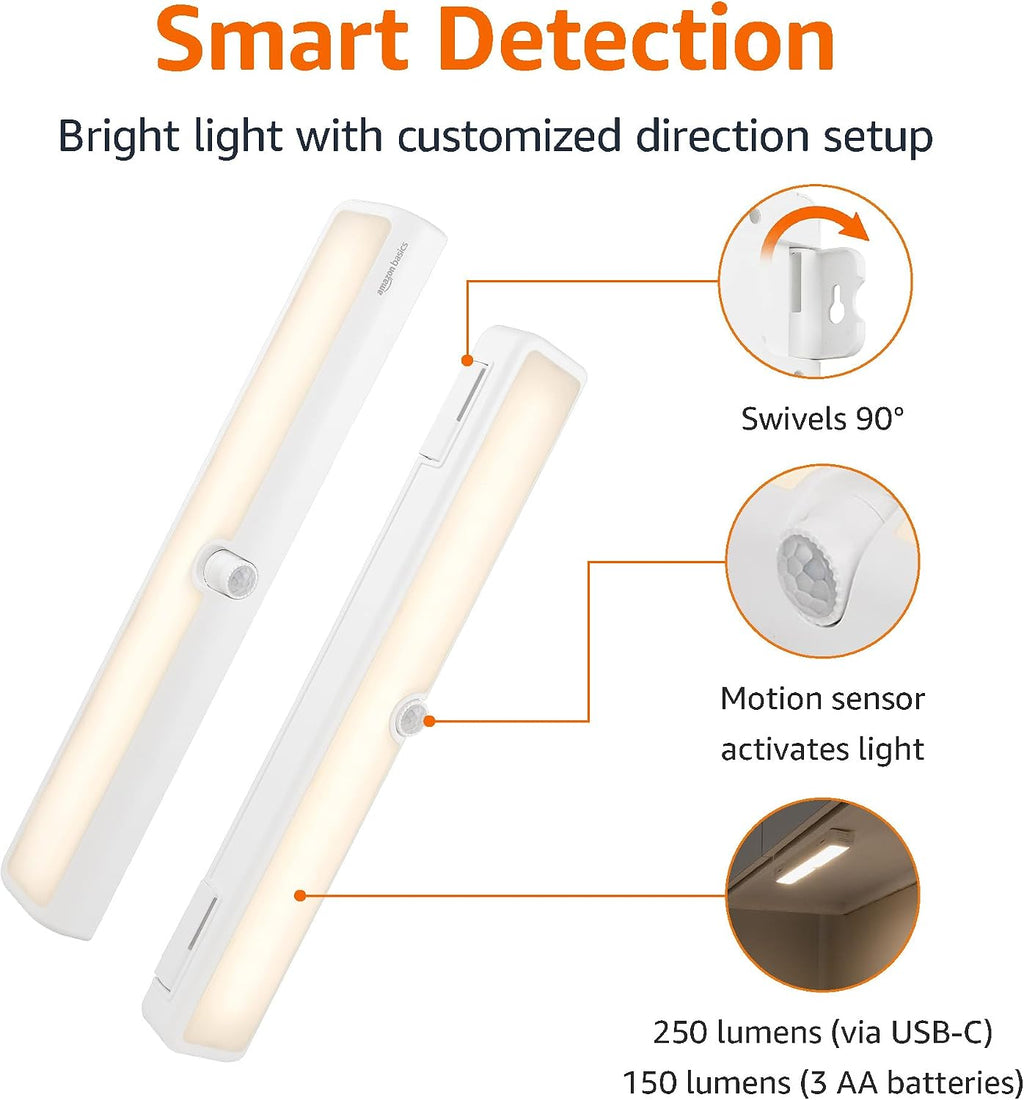 Amazon Basics LED Motion Sensor Light Bar, USB/Battery Operated, 250 Lumens, 12 Inches, Swivel, Under Cabinet Lighting for Closet, Kitchen, 2-Pack, White