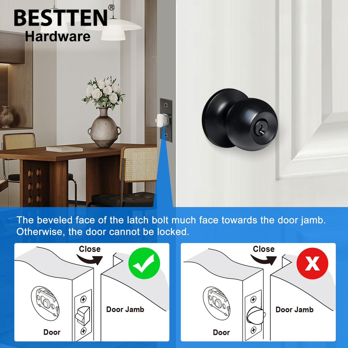 BESTTEN Keyed Entry Door Knob with Lock, Heavy Duty Interior and Exterior Door Lock, Standard Ball, Satin Nickel
