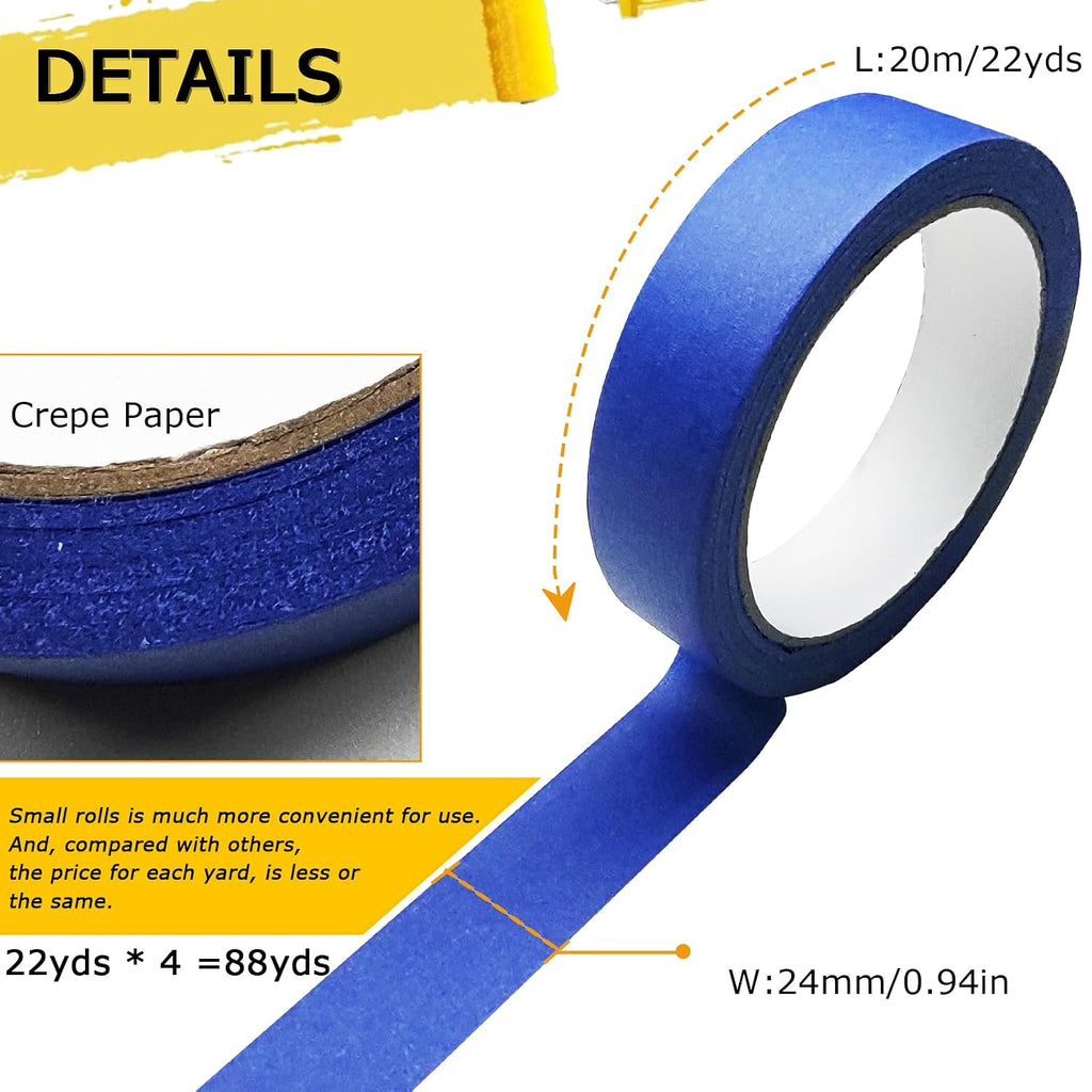 4 Rolls Premium Painters Tape, Blue Tape, Masking Tape, Paint Tape for Multi-Purpose, Painting, Painter's, DIY Crafts Arts (88yd =0.94IN*22yd*4) Decoration Labeling No Residue, Easy Removal