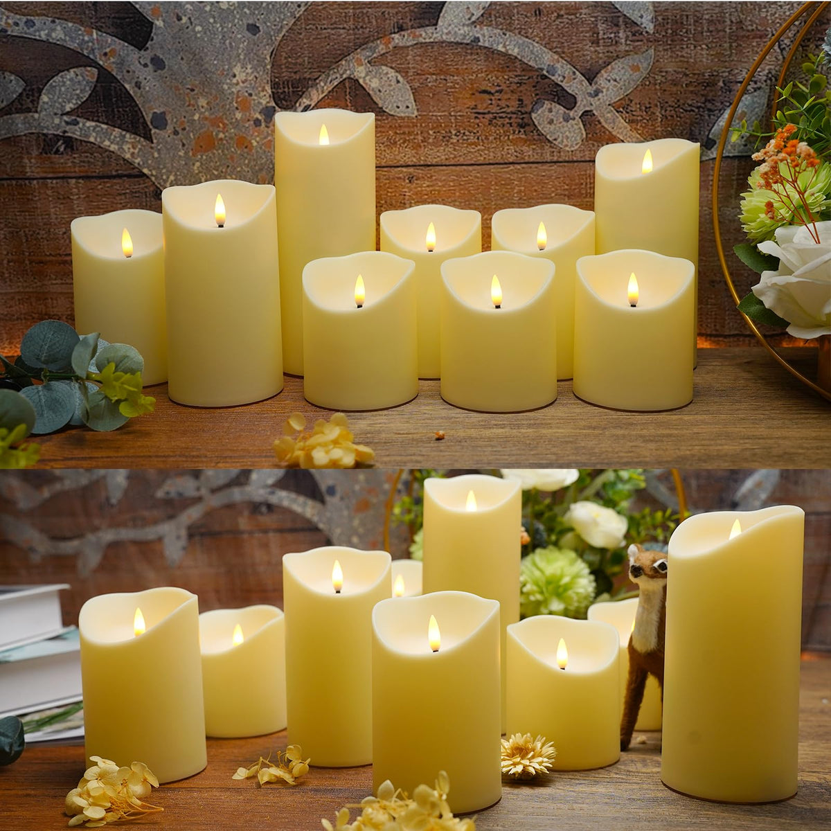 Nimiko Flameless Candles with Remote, Battery Operated Flickering Flameless Candles, LED Candles with Timer 2/4/6/8H, Realistic Drop Wax flameless Candle Set of 9 (D3 x H 3" 4" 5" 6" 7") (Black)