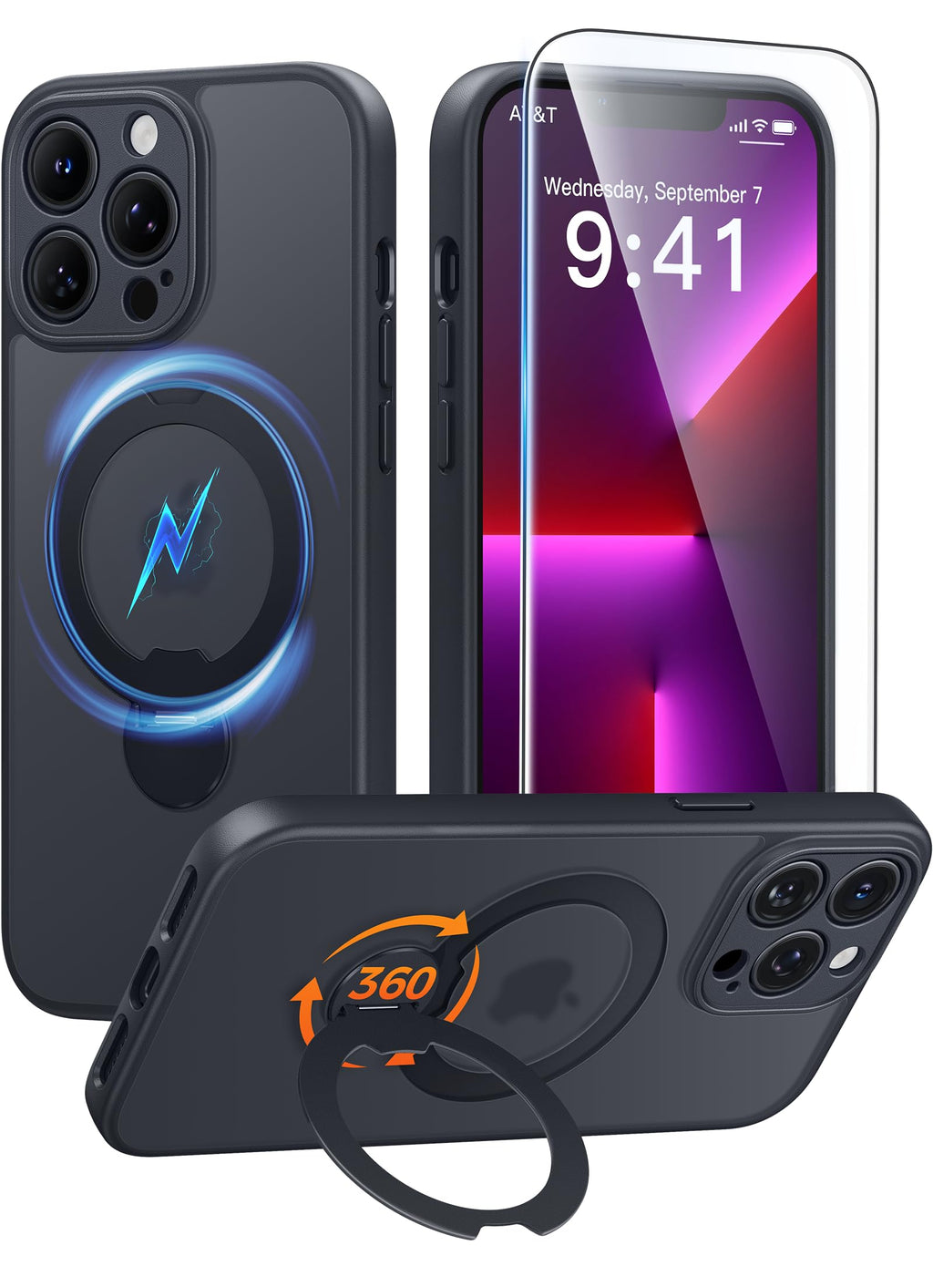 FNTCASE for Samsung Galaxy Z Fold 7 Case with 360 Spin Magnetic Stand Black
