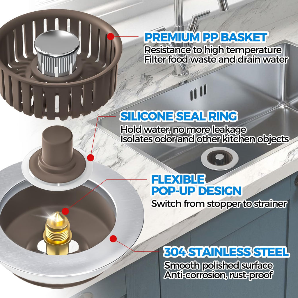 zaa 3 in 1 Kitchen Sink Drain Strainer Stopper Removable Basket Pop-Up