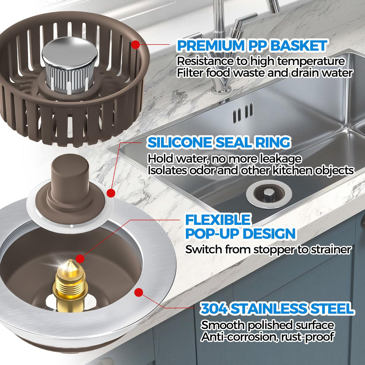 zaa 3 in 1 Kitchen Sink Drain Strainer Stopper Removable Basket Pop-Up