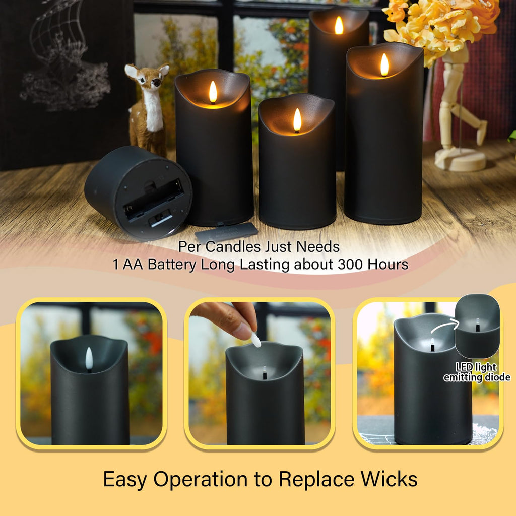 Nimiko Flameless Candles with Remote, Battery Operated Flickering Flameless Candles, LED Candles with Timer 2/4/6/8H, Realistic Drop Wax flameless Candle Set of 9 (D3 x H 3" 4" 5" 6" 7") (Black)