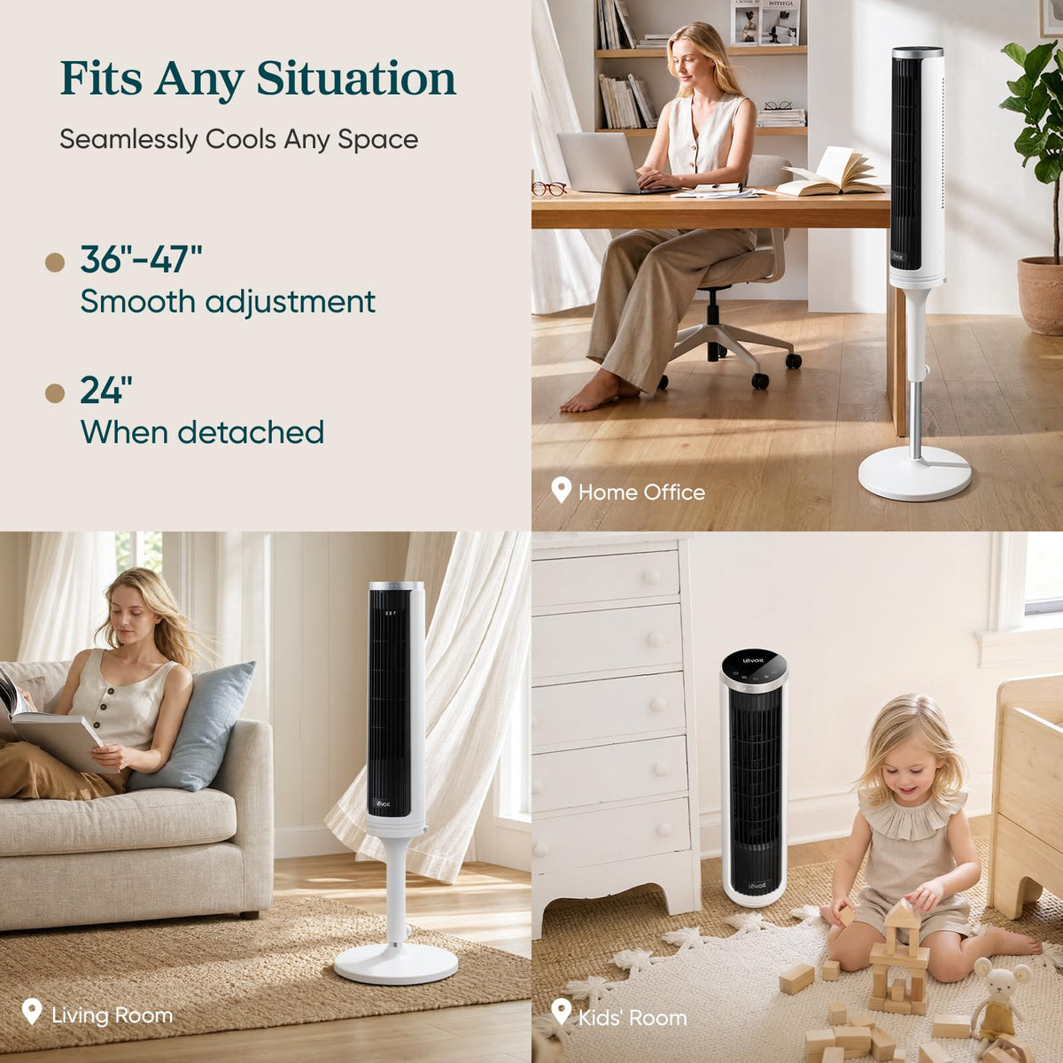 Levoit Tower Fan for Bedroom, 20dB Quiet Desk Fan, Easy to Carry & Plug-in