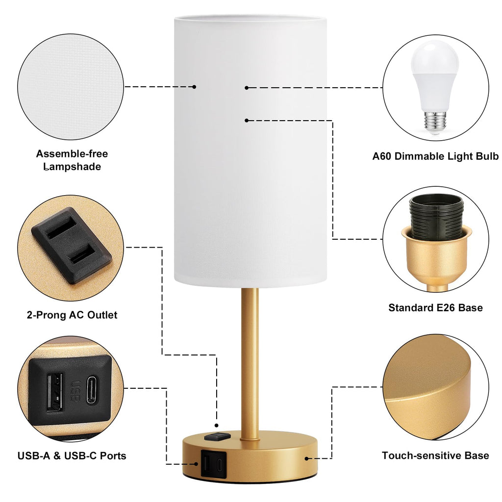 Fenmzee Bedside Table Lamp for Bedroom - Dimmable Touch, USB A+C, AC Outlet