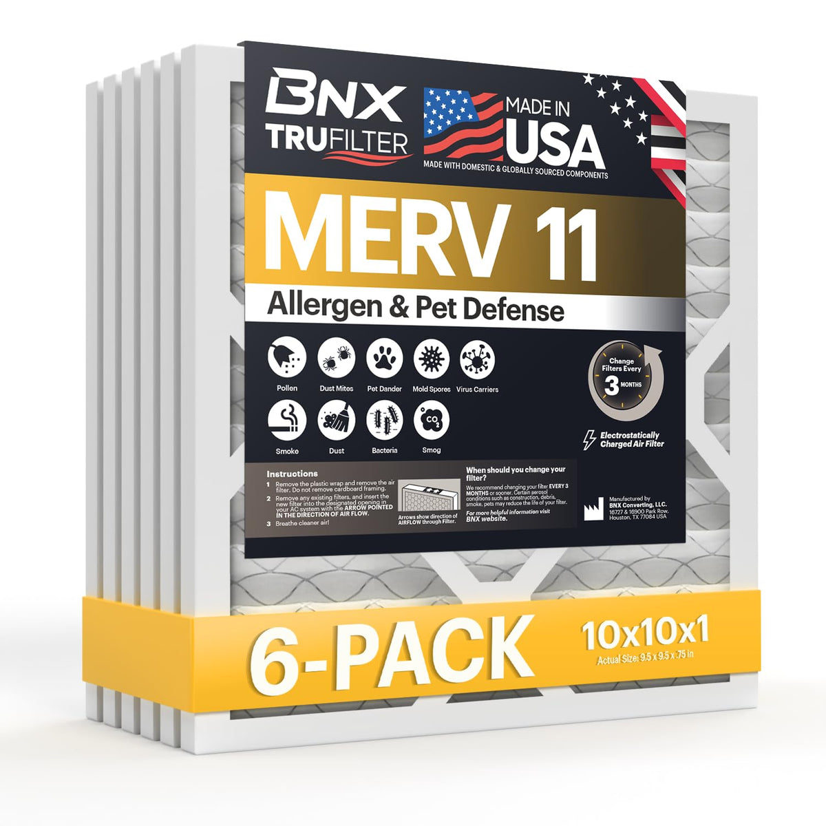 BNX TruFilter 14x25x1 Air Filter MERV 11 (6-Pack) - MADE IN USA - Allergen Defense Electrostatic Pleated Air Conditioner HVAC AC Furnace Filters for Allergies, Dust, Pet, Smoke, Allergy MPR 1200 FPR 7