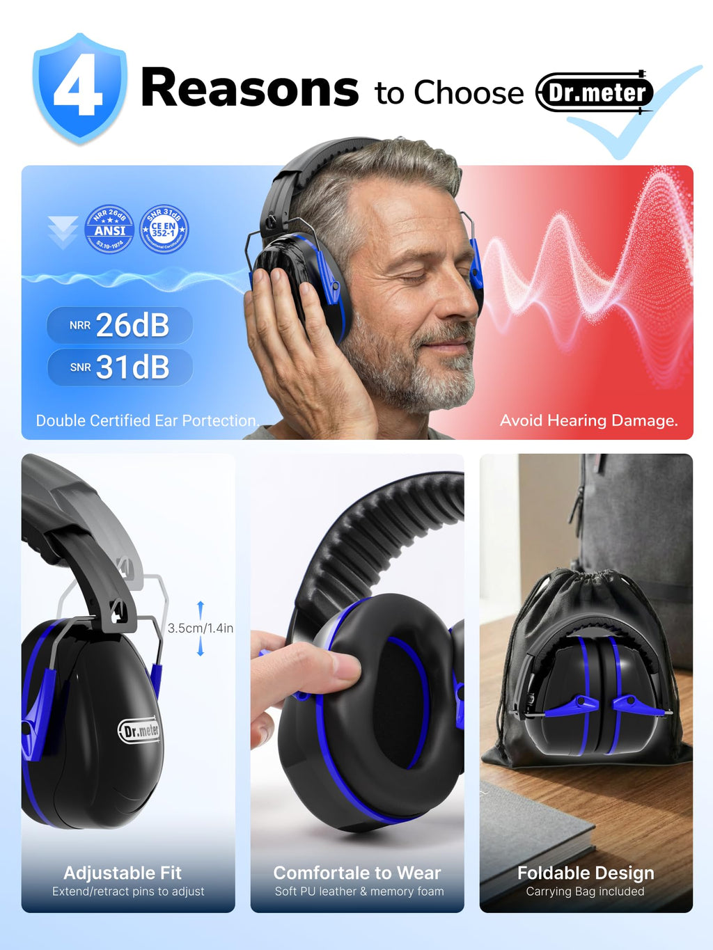 Dr.meter EM100 Noise Cancelling Headphones for Kids Adults, Ear Muffs