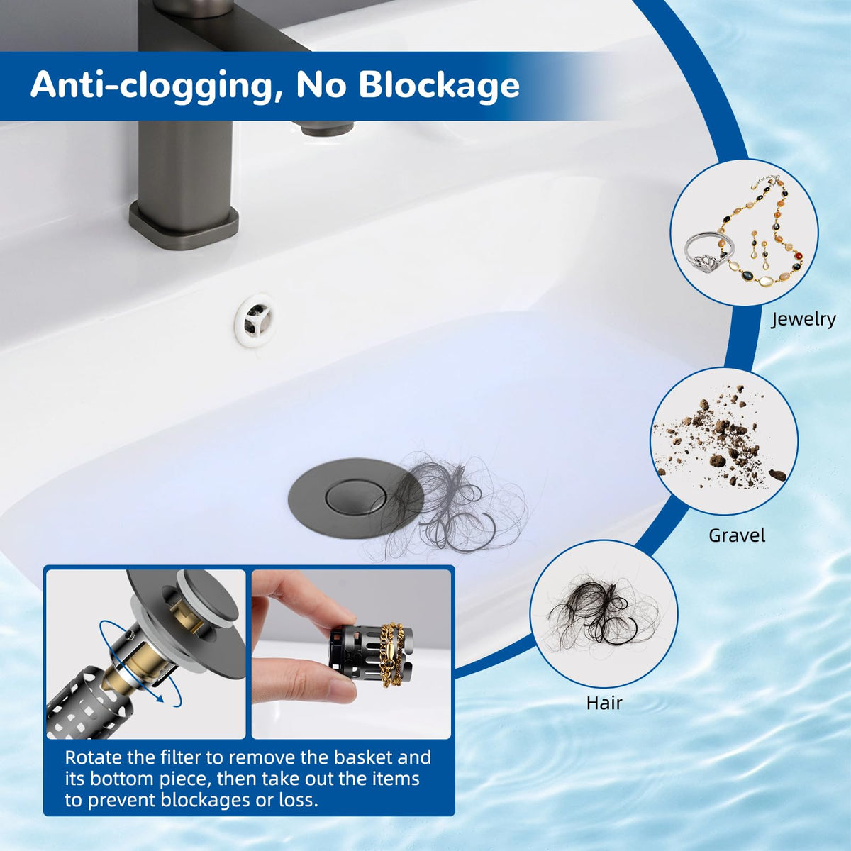 Hibbent Upgraded 3 in 1 Bathroom Sink Drain Strainer, Pop Up Stopper