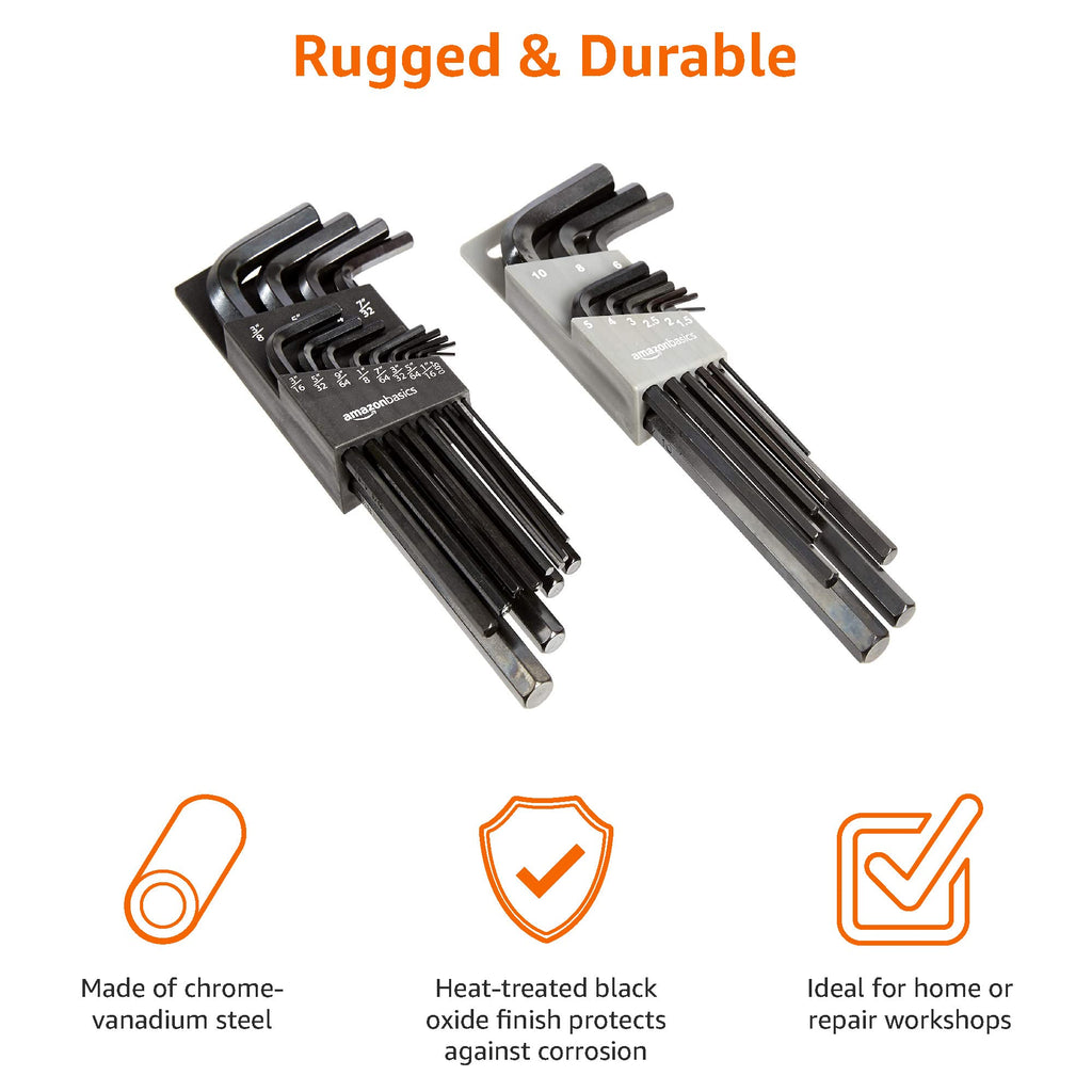 Amazon Basics 36-Piece Allen Wrench/Hex Key Set, SAE & Metric Sizes, Chrome Vanadium Steel with Long Arm, 2 Organized Storage Cases