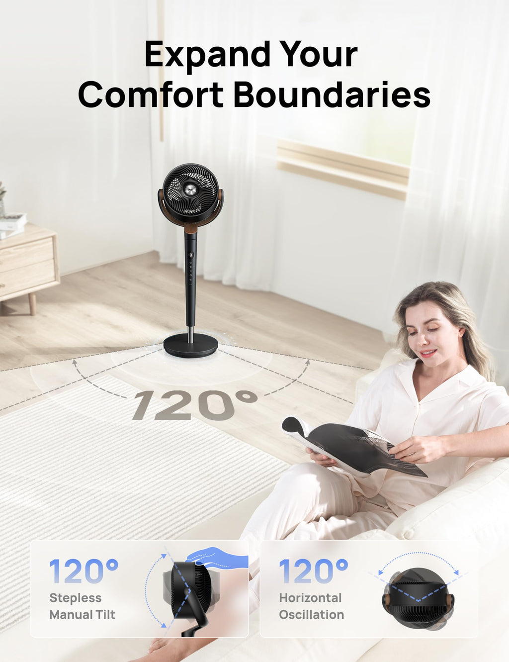 DREO Pedestal Fan for Bedroom, 100ft Airflow, Quiet DC Motor Standing Fan