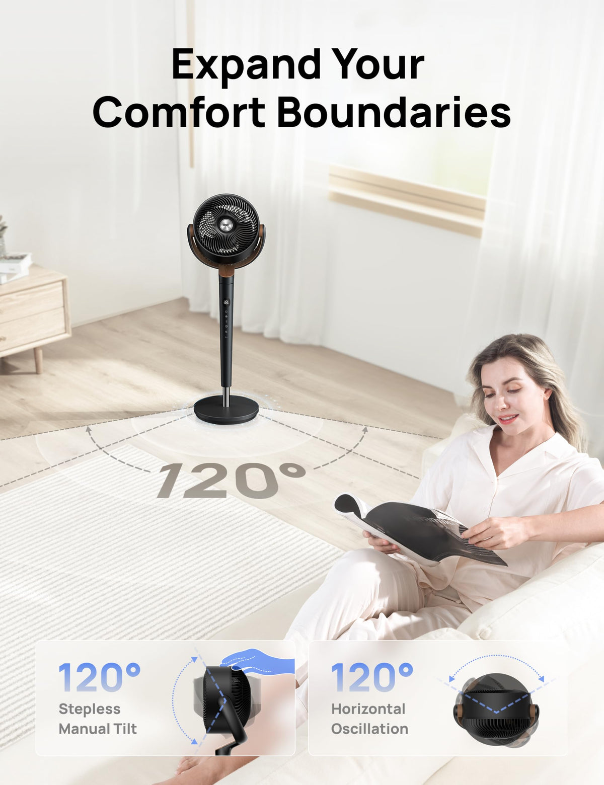 DREO Pedestal Fan for Bedroom, 100ft Airflow, Quiet DC Motor Standing Fan