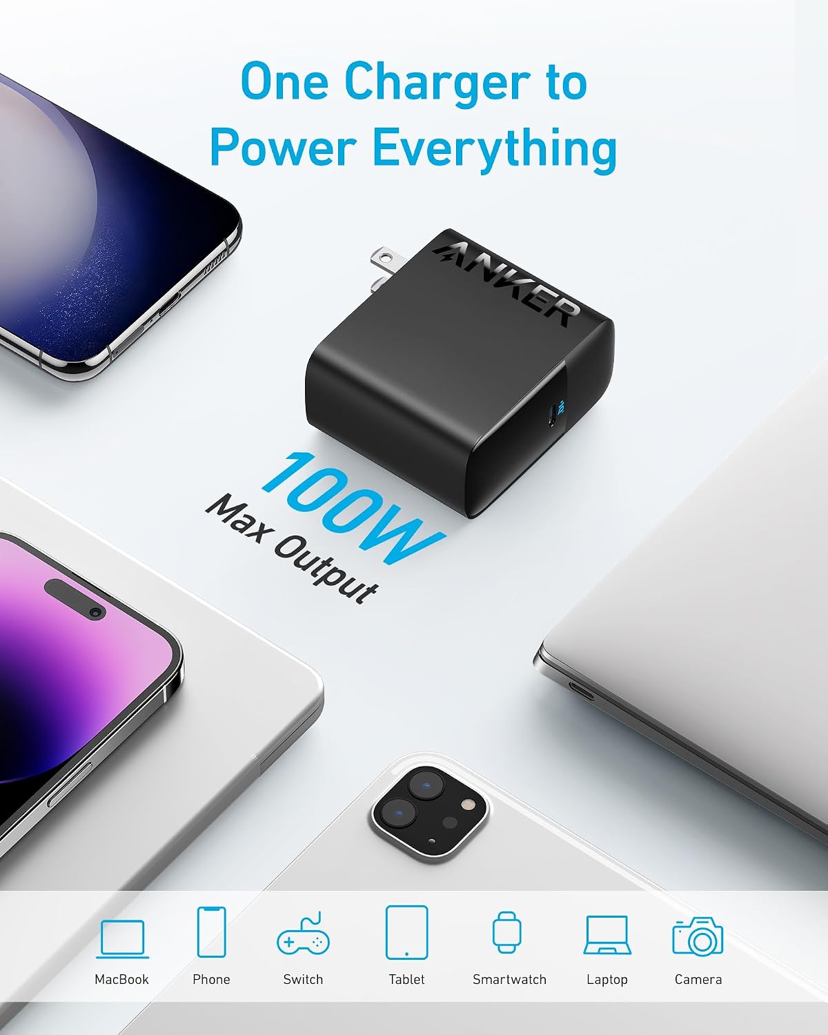 Anker Laptop Charger, Compact Foldable 100W USB C Charger with 5FT Cable