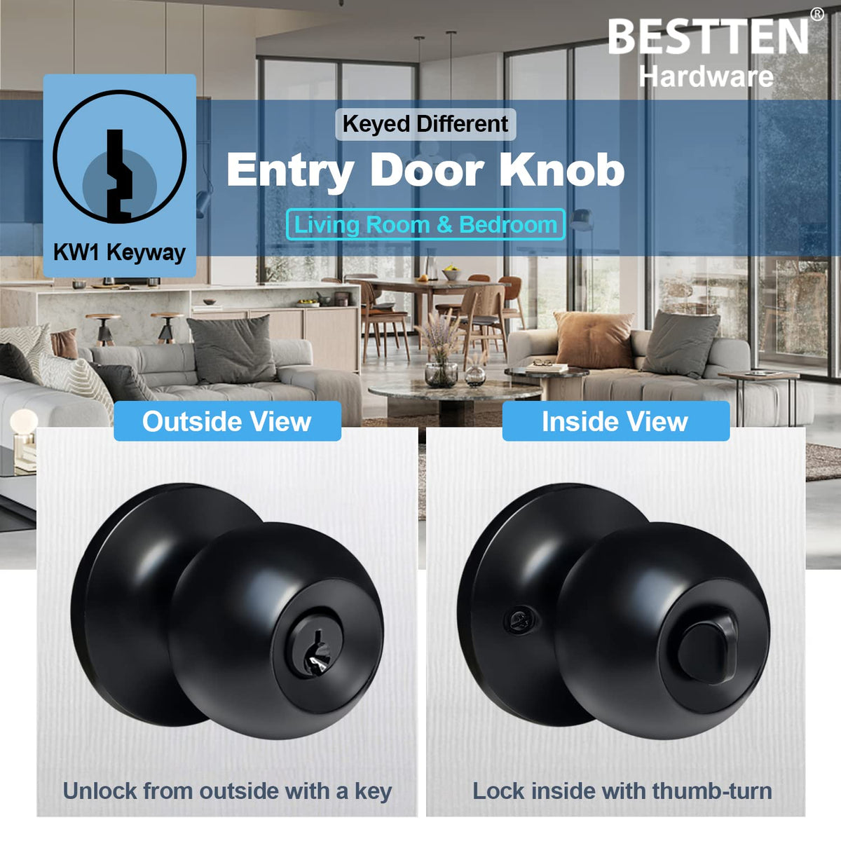 BESTTEN Keyed Entry Door Knob with Lock, Heavy Duty Interior and Exterior Door Lock, Standard Ball, Satin Nickel