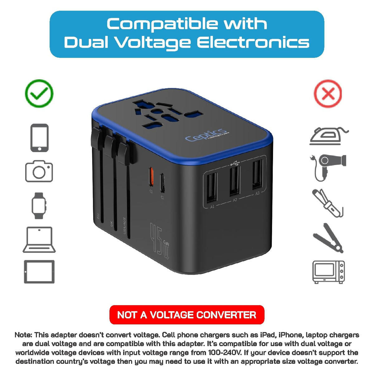 Ceptics 2 in 1 UK Adapters for Travel, Dual USA Input, Grounded, Pack of 3