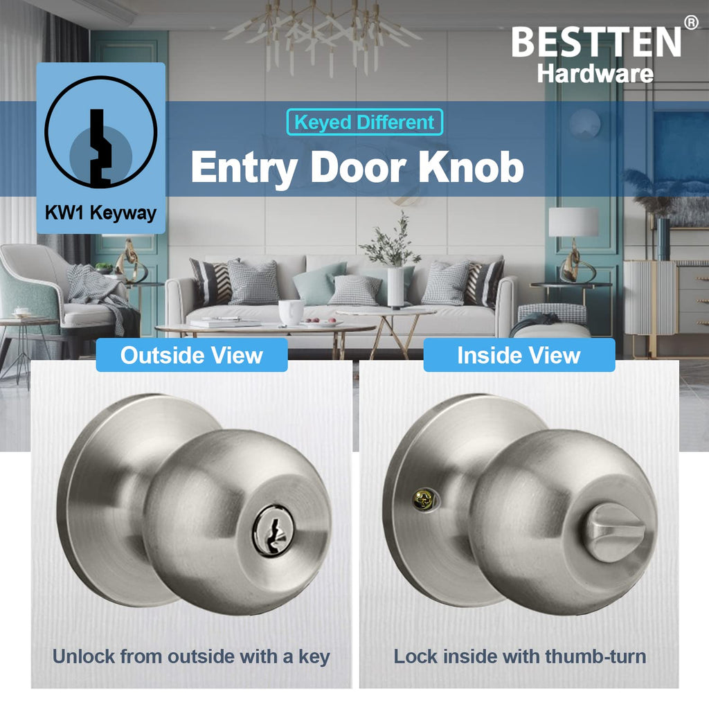 BESTTEN Keyed Entry Door Knob with Lock, Heavy Duty Interior and Exterior Door Lock, Standard Ball, Satin Nickel