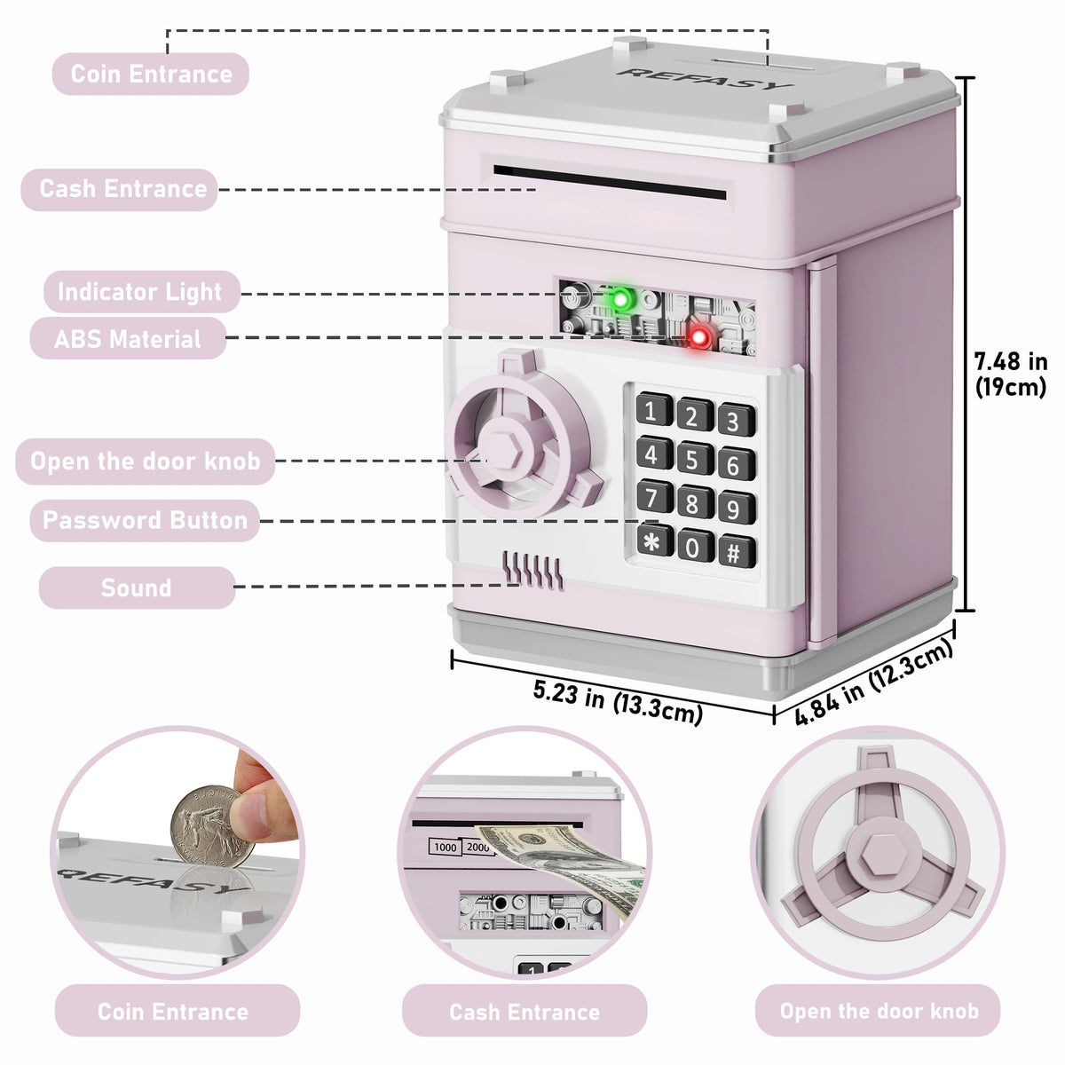 Refasy Piggy Bank Cash Coin Can ATM Bank Electronic Coin Money Bank for Kids Age 3-12, Money Savings Box Mini ATM Coin Bank Toys Gifts for 3 4 5 6 7 8 9 10 11 12 Year Old Boys Girls