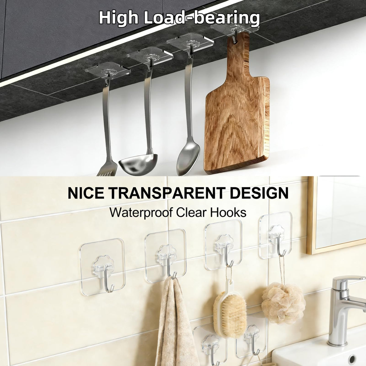 DDMY Adhesive Wall Hooks Clear 50lb(Max) Heavy Duty Hanging Sticky-10 Pack