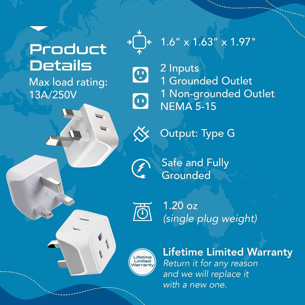 Ceptics 2 in 1 UK Adapters for Travel, Dual USA Input, Grounded, Pack of 3
