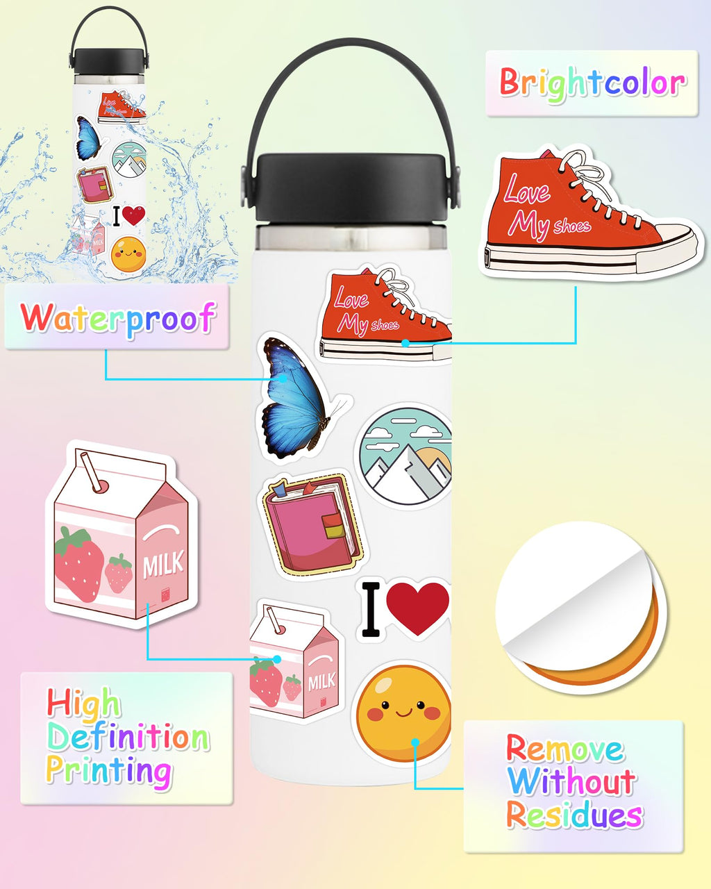 600 Pcs/Pack Water Bottle Stickers for Kids, Cute Vinyl Waterproof Stickers