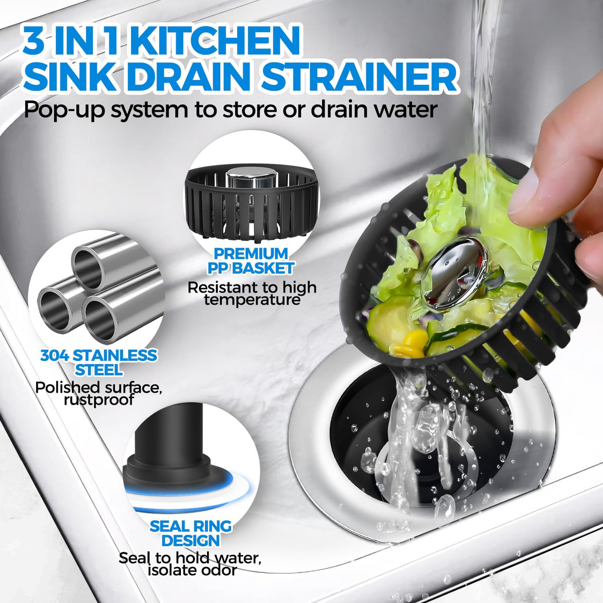 zaa 3 in 1 Kitchen Sink Drain Strainer Stopper Removable Basket Pop-Up
