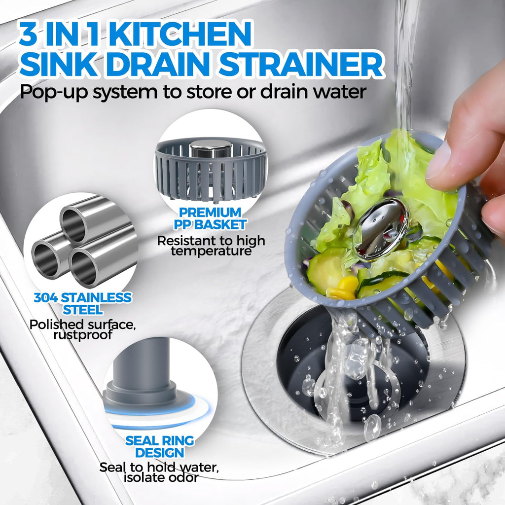 zaa 3 in 1 Kitchen Sink Drain Strainer Stopper Removable Basket Pop-Up